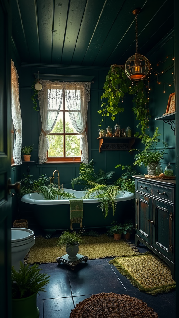 Dark green bathroom with a freestanding bathtub surrounded by ferns and plants