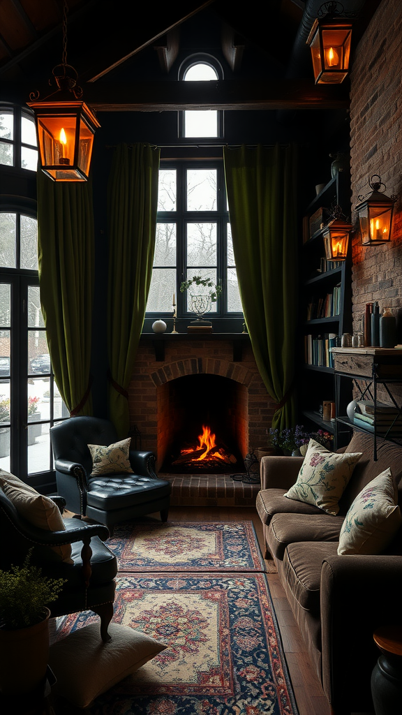 A dark cottagecore living room featuring a fireplace, plush seating, and warm lantern lighting.