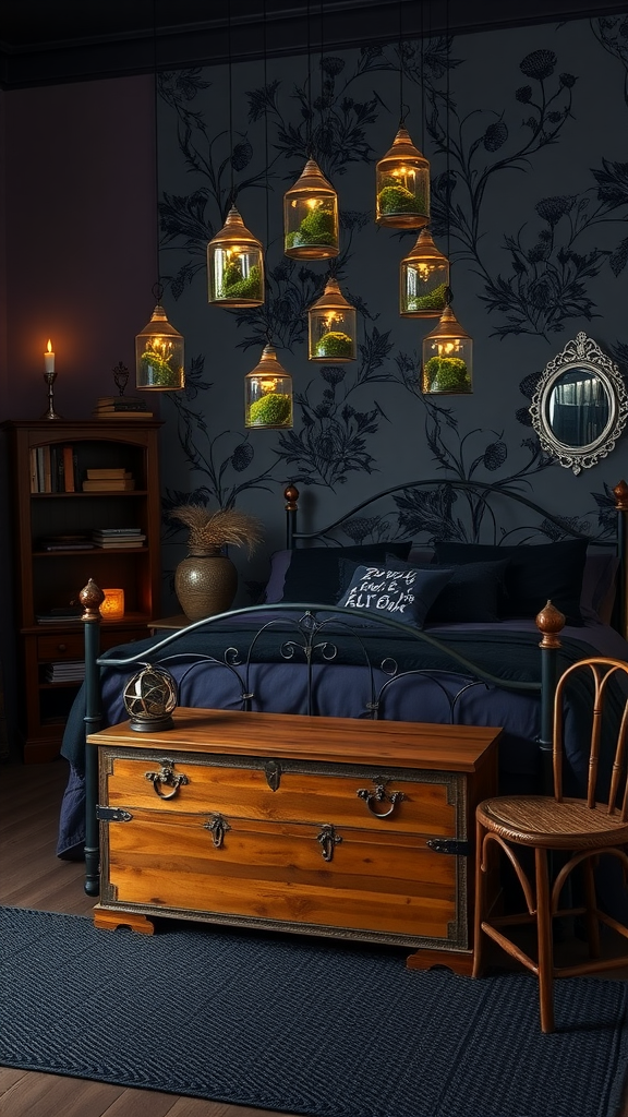 A dark cottagecore bedroom featuring floral wallpaper, hanging glass lanterns, and rustic wooden furniture.