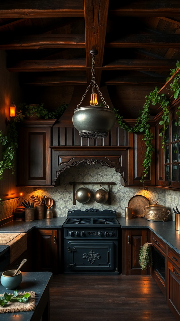 A cozy kitchen with dark wooden beams, rich cabinetry, and plants, creating a warm, enchanted woodland atmosphere.