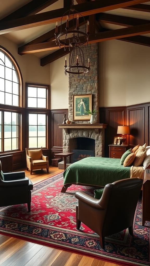 Cozy English Country Lodge bedroom featuring large windows, wooden beams, and a fireplace.