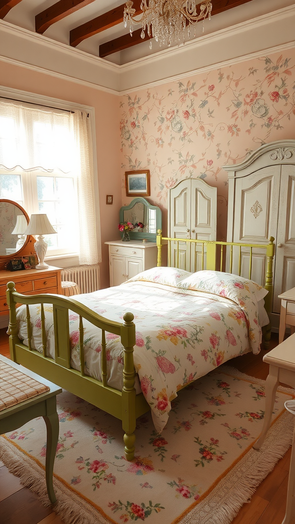 A cozy bedroom decorated in pastel colors with floral patterns, featuring a green bed frame and vintage furniture.