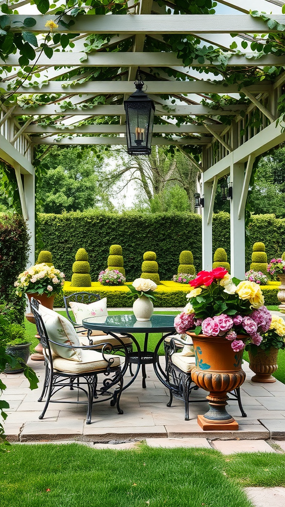 Covered patio in an English garden with flowers, chairs, and a glass table