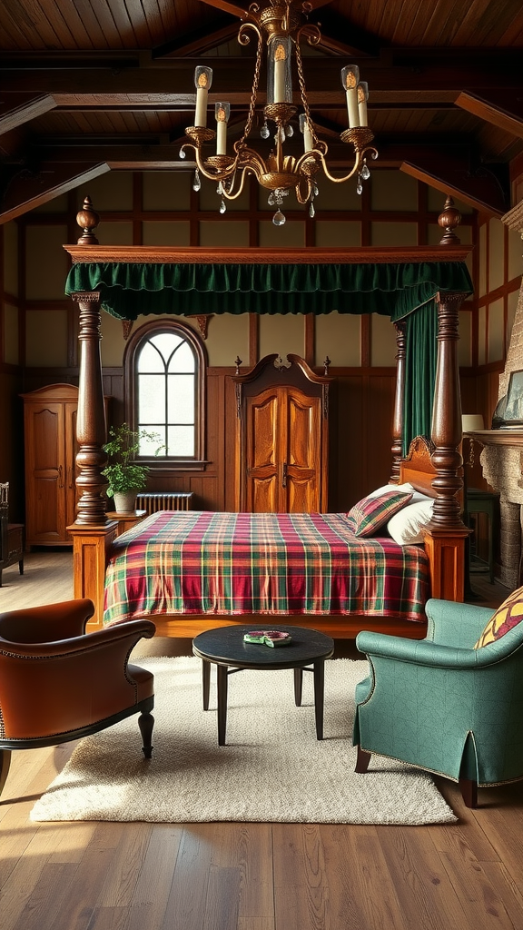 An English Tudor bedroom featuring a four-poster bed, warm wood tones, and cozy furnishings.