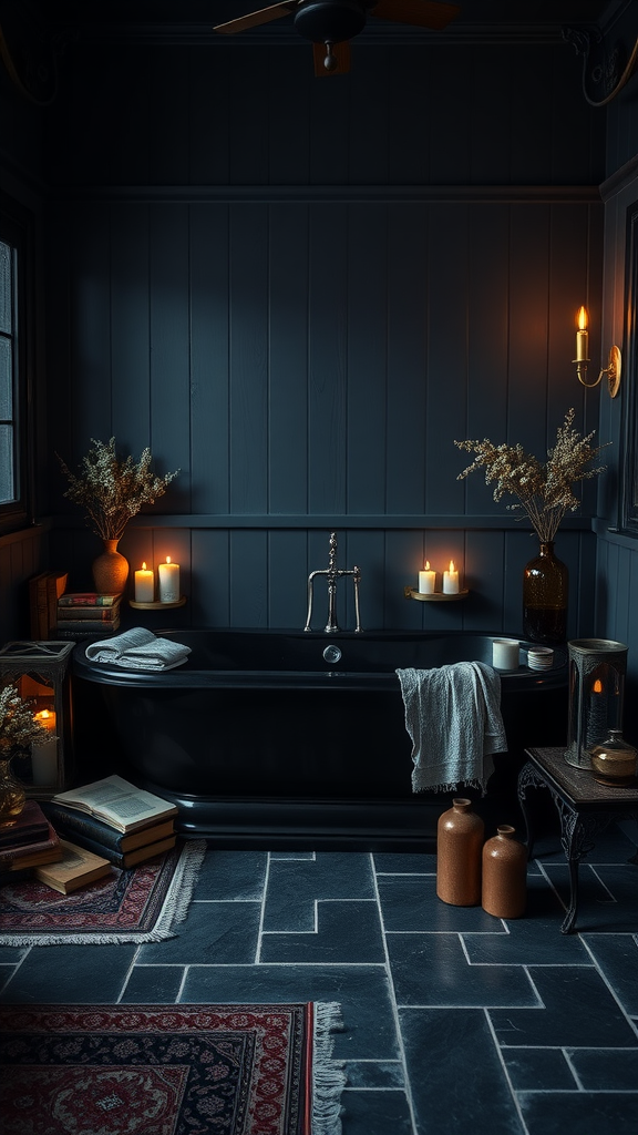 A dark, cozy bathroom featuring a black bathtub, candles, books, and earthy decor