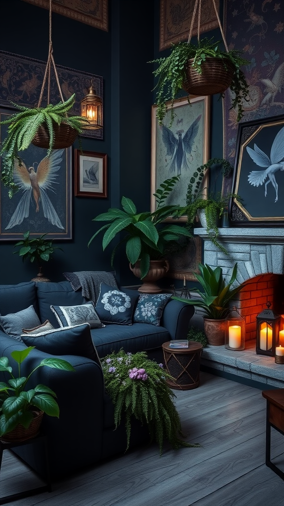 A cozy living room with dark walls, plants, and fairy-themed artwork.