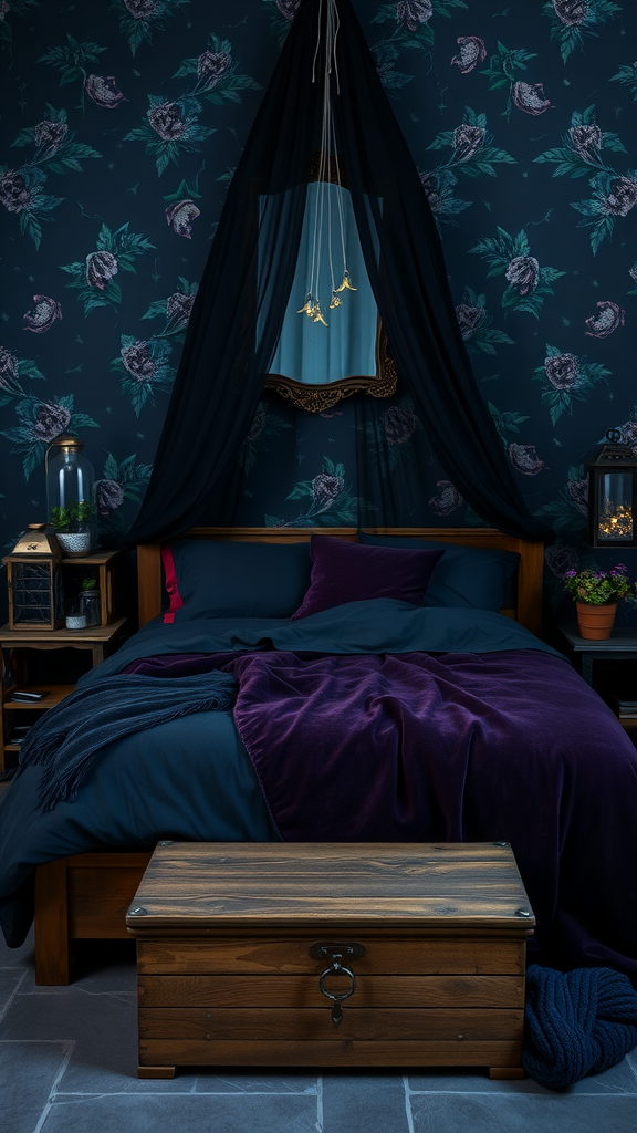 A dark cottagecore bedroom featuring floral wallpaper, a cozy bed with layered blankets, and a decorative wooden trunk.