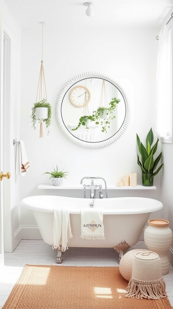 A bright, boho-inspired bathroom featuring a freestanding tub, plants, and natural decor.