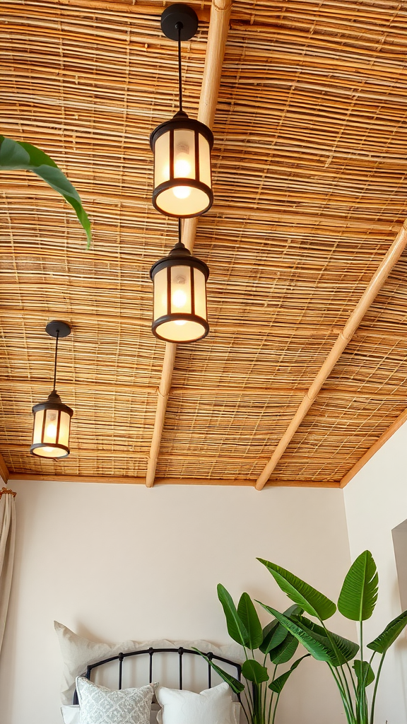 A cozy bedroom with a bamboo ceiling and pendant lights, featuring green plants and a bed with decorative pillows.