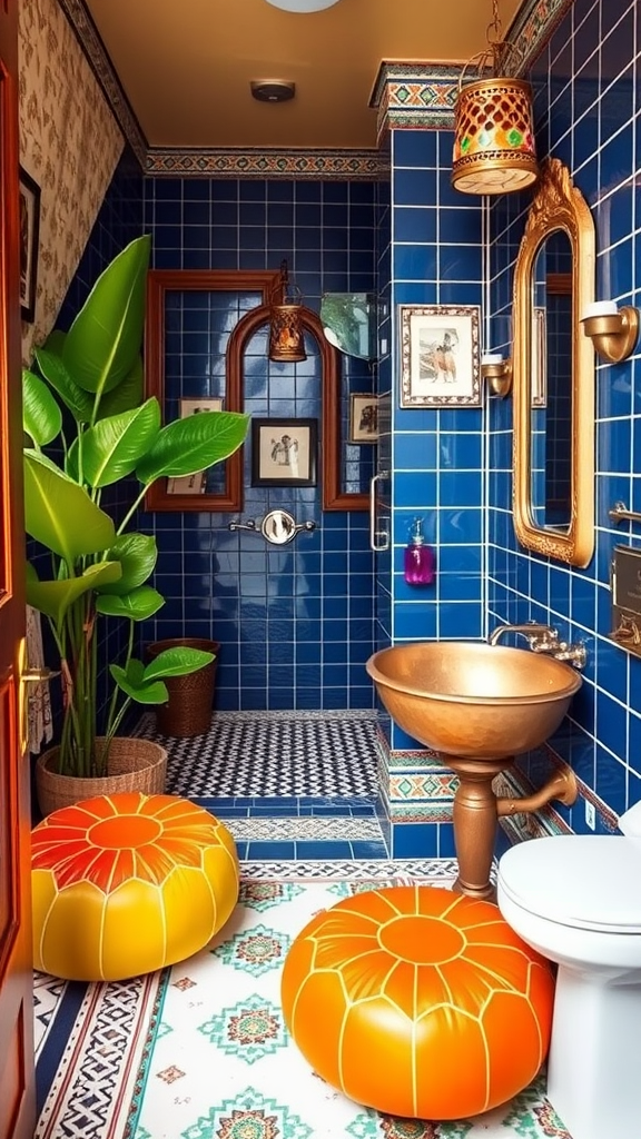 A vibrant bathroom featuring deep blue tiles and a copper sink, accented with orange poufs and lush greenery, creating an exotic Marrakesh mood.