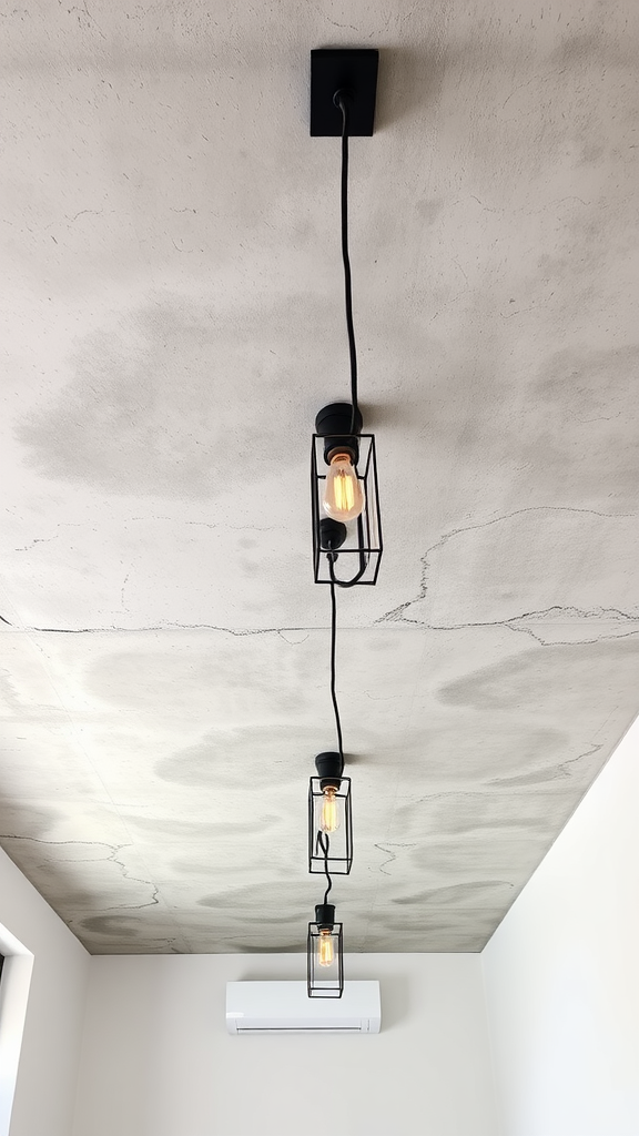 An interior view of a bedroom ceiling featuring exposed concrete with three pendant lights, each hanging at different heights.