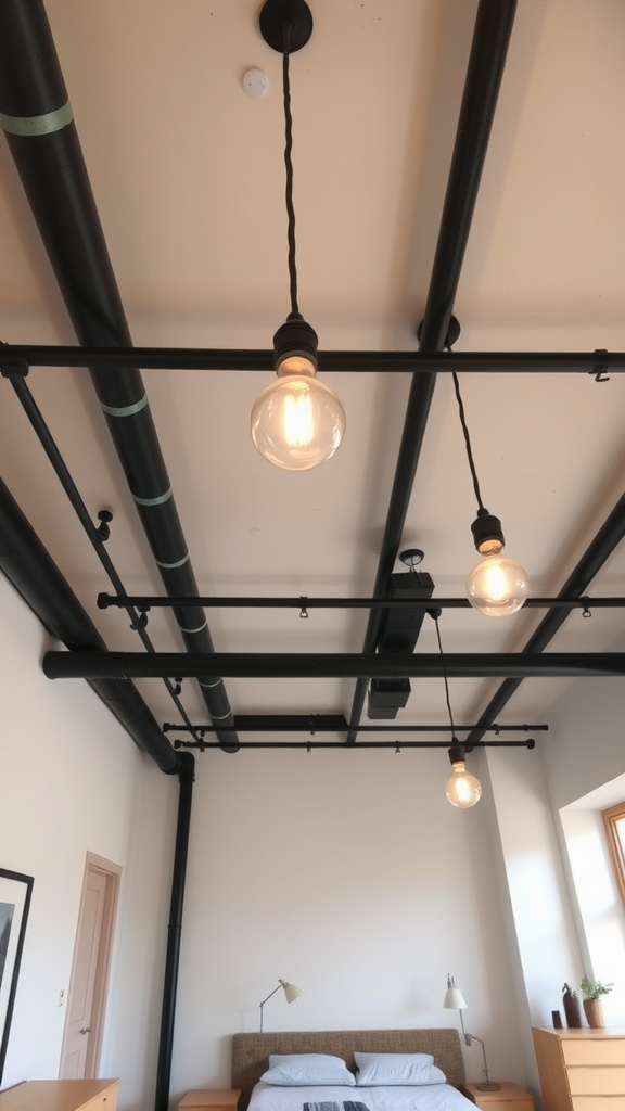 Bedroom with an exposed industrial ceiling featuring black beams and pendant lights