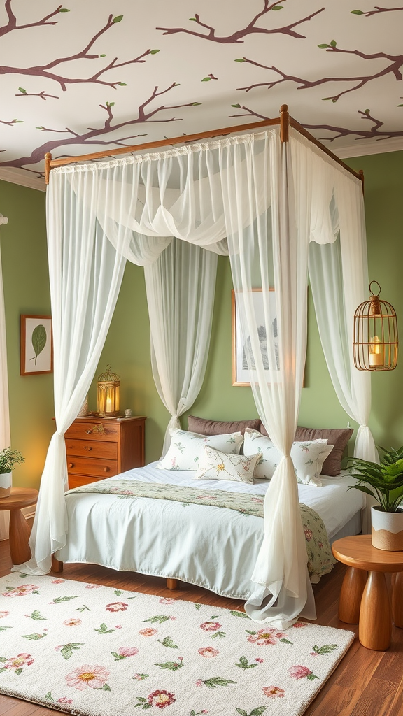 A fairy forest themed bedroom with green walls, a canopy bed, floral patterns, and natural elements.