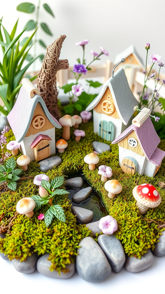 A whimsical fairy garden featuring miniature houses, mushrooms, flowers, and a small pond.