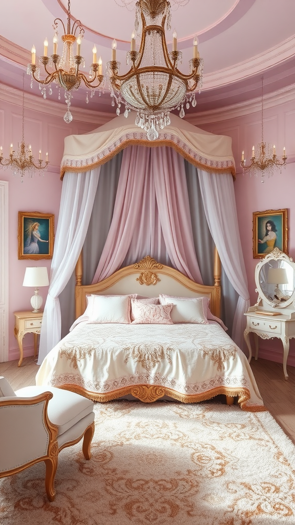 A beautifully decorated bedroom with a pink color scheme, featuring a canopy bed, chandeliers, and elegant furniture.