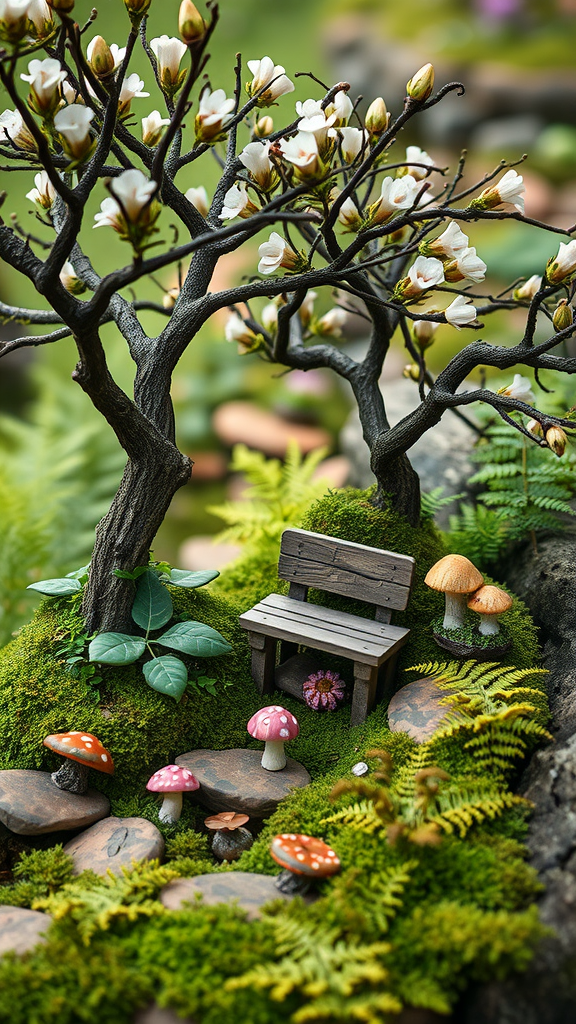 A miniature fairytale woodland garden with flowering trees, a small bench, and colorful mushrooms.