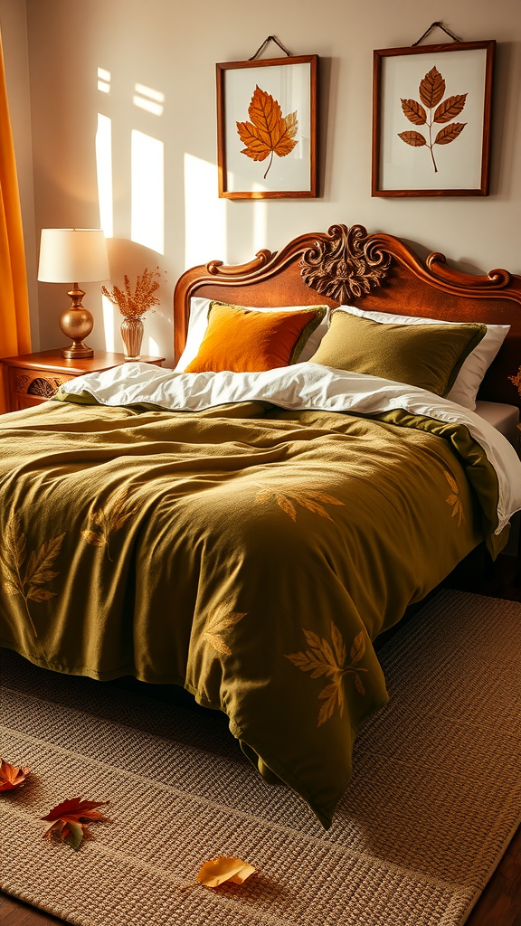 A cozy fall bedroom with a leaf-patterned blanket, framed leaves on the wall, and warm light.