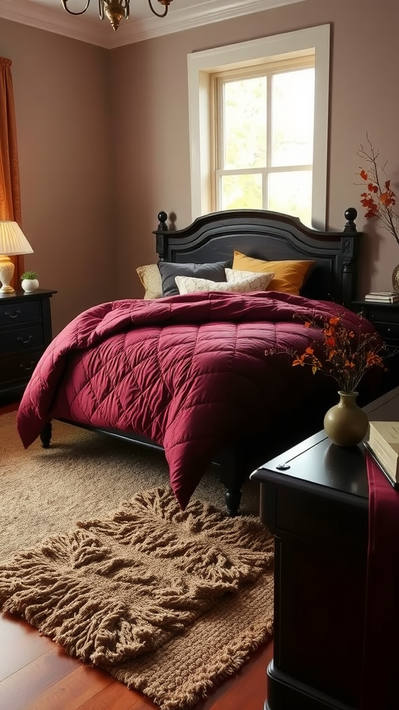 Cozy fall bedroom with burgundy bedding and autumn decor