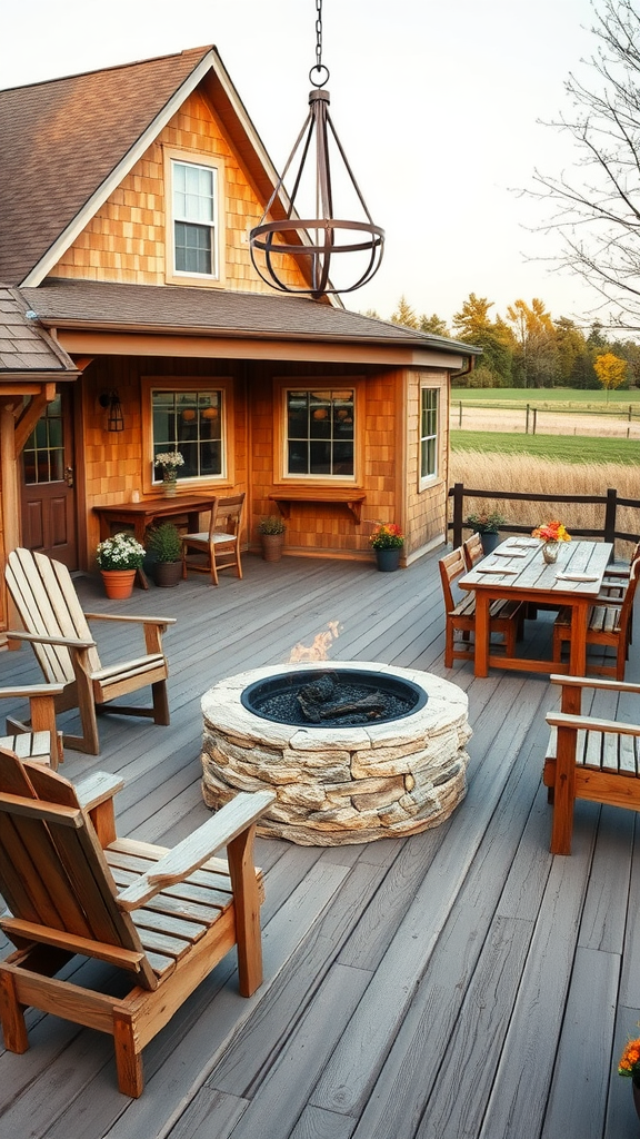 A cozy farmhouse-style patio featuring a stone fire pit surrounded by wooden chairs and a table, creating an inviting outdoor space.