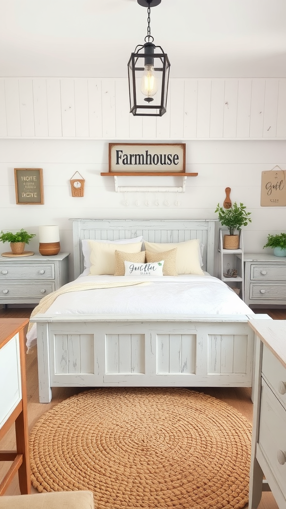 A cozy farmhouse bedroom featuring a whitewashed wooden bed, neutral linens, a jute rug, and farmhouse-themed decor.