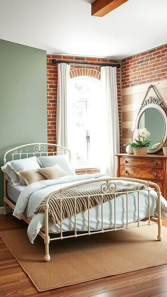 Cozy farmhouse chic bedroom with metal bed frame, soft blue bedding, and exposed brick wall.