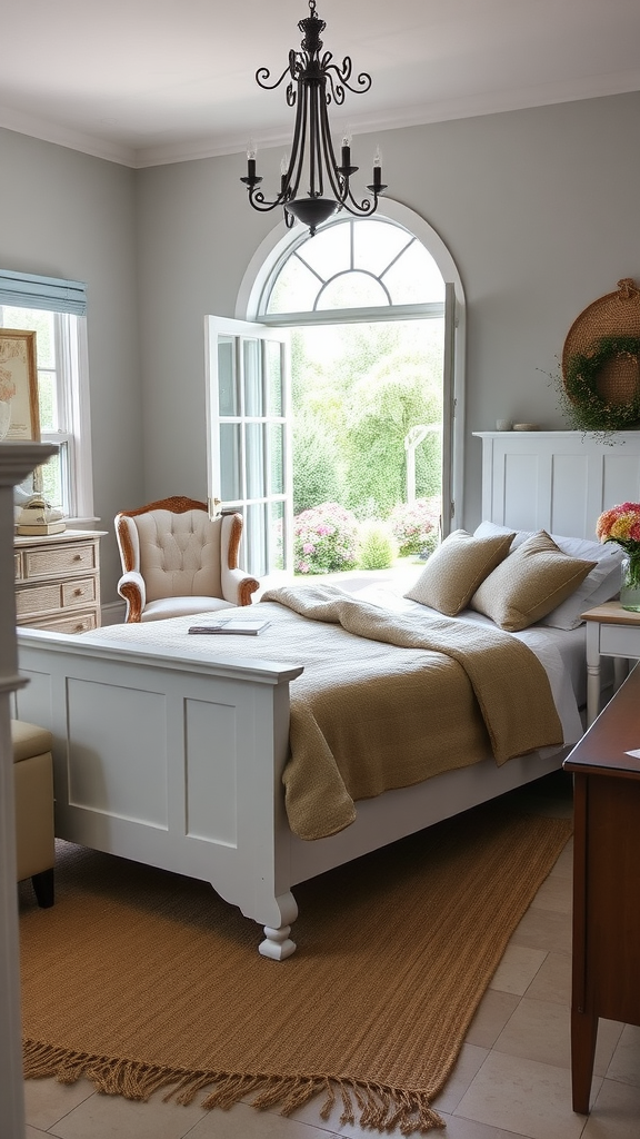 A cozy farmhouse chic bedroom featuring neutral tones, white furniture, and a large window opening to a garden.