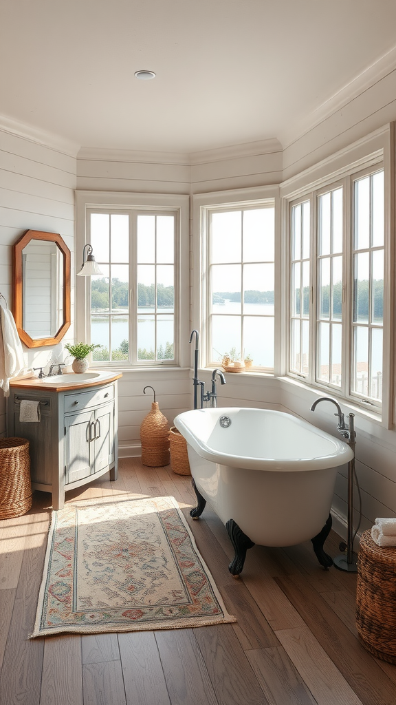 A bright and airy bathroom with a freestanding bathtub, large windows overlooking a lake, and rustic decor.