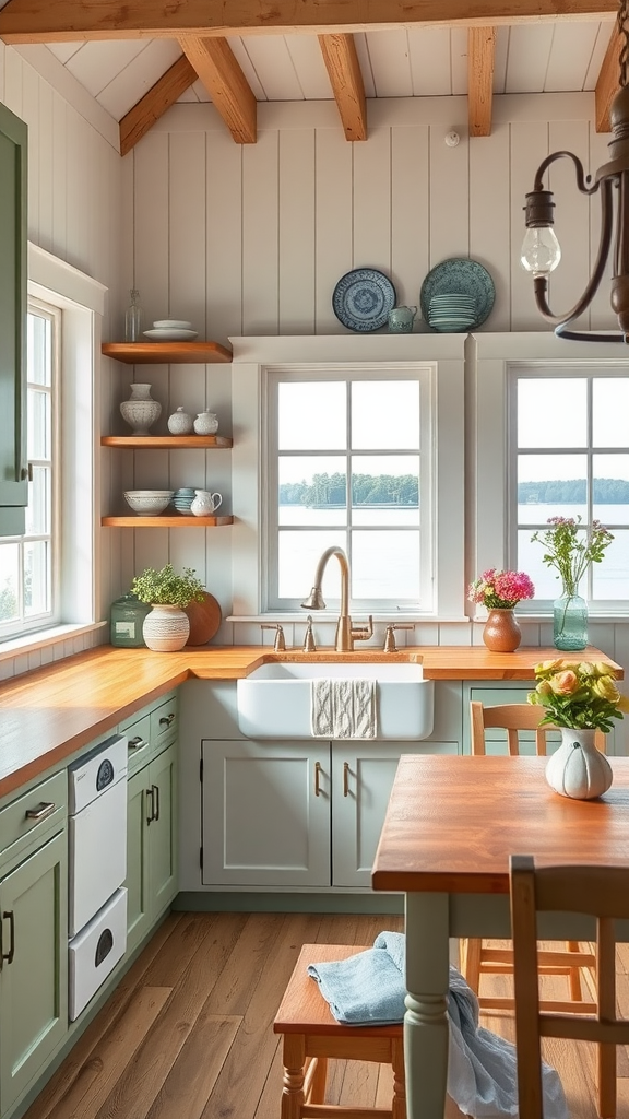 A cozy farmhouse kitchen with green cabinets, wooden countertops, and large windows overlooking a lake.