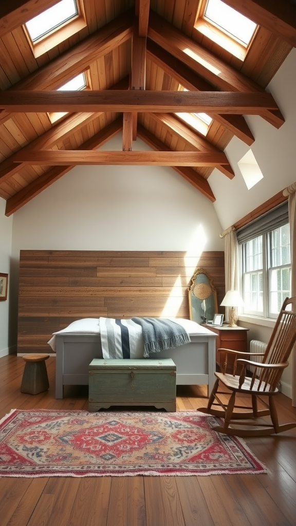 Cozy farmhouse loft bedroom with wooden beams, a bed, a vintage trunk, a rocking chair, and a colorful rug.