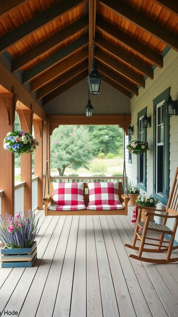 Cozy farmhouse porch with a swinging bench and potted plants