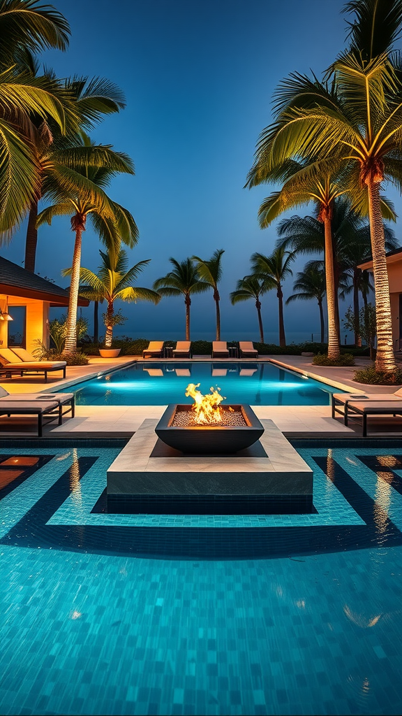 A fire pit in the center of a pool patio surrounded by palm trees and lounge chairs.