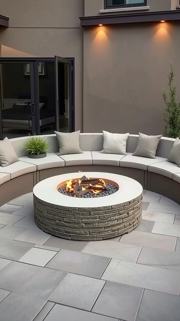 A circular fire pit with built-in seating and cushions, surrounded by stone, creating a cozy outdoor space.