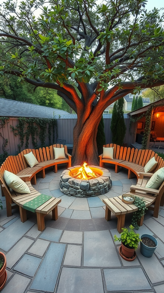 A fire pit surrounded by a circular tree bench in a cozy patio setting.