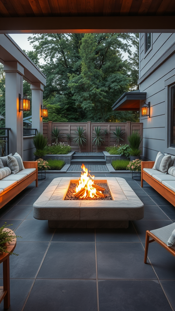 A modern patio with a stone fire pit and built-in benches, surrounded by greenery.