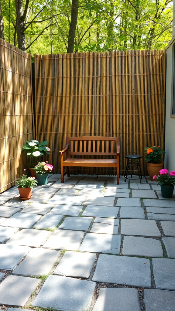 A small flagstone patio with a bamboo privacy screen, featuring a wooden bench and potted flowers.