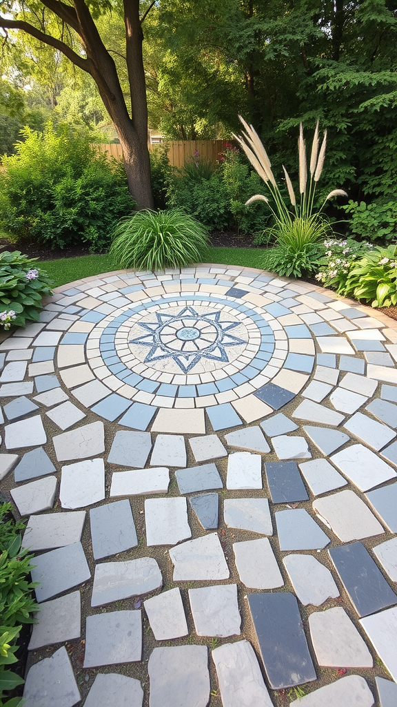 Flagstone patio featuring a custom mosaic design surrounded by greenery