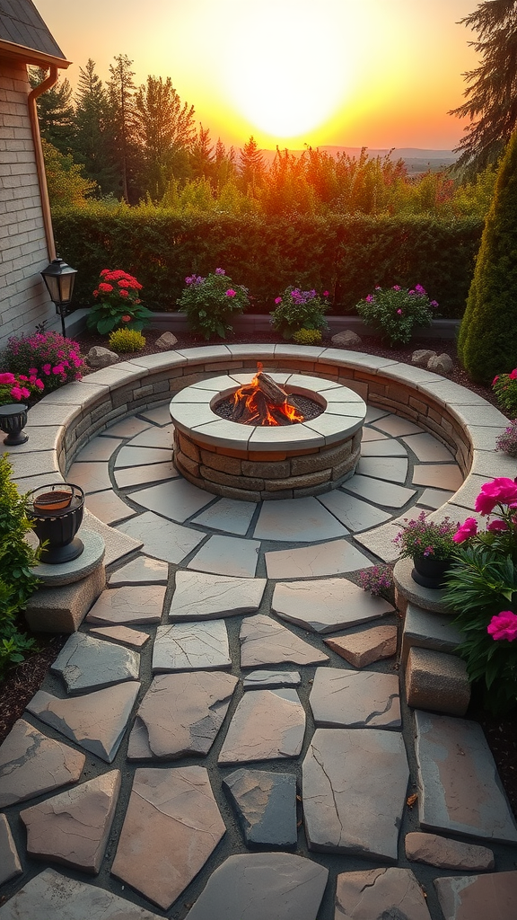 A cozy flagstone patio featuring a circular fire pit, surrounded by colorful flowers and a sunset view.