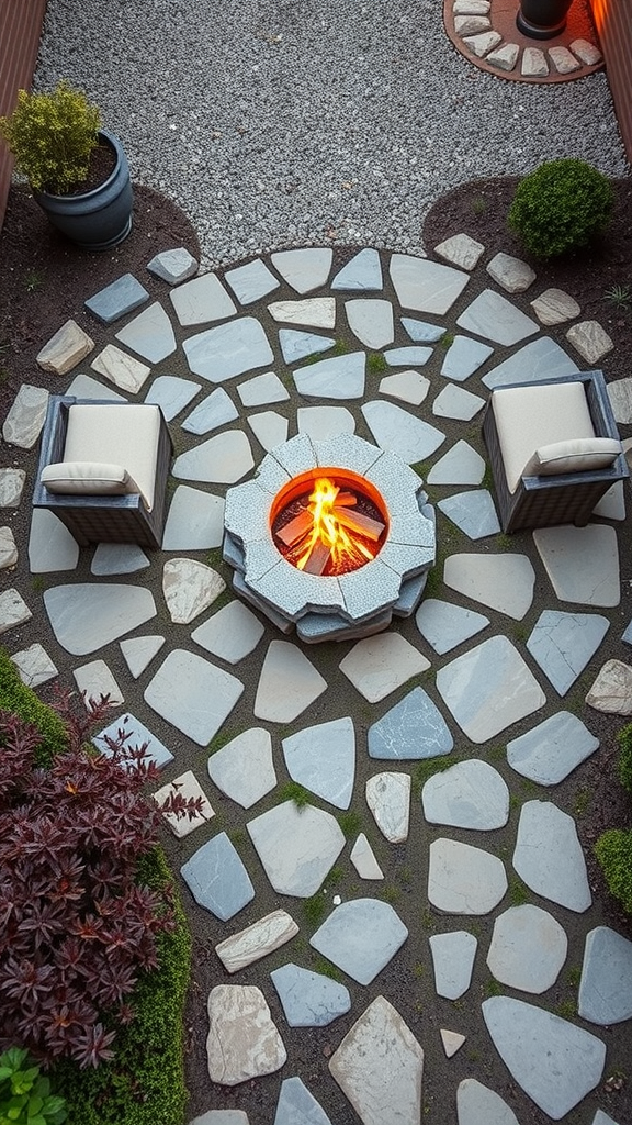 A flagstone patio with a central fire pit surrounded by gravel pathway and two chairs.