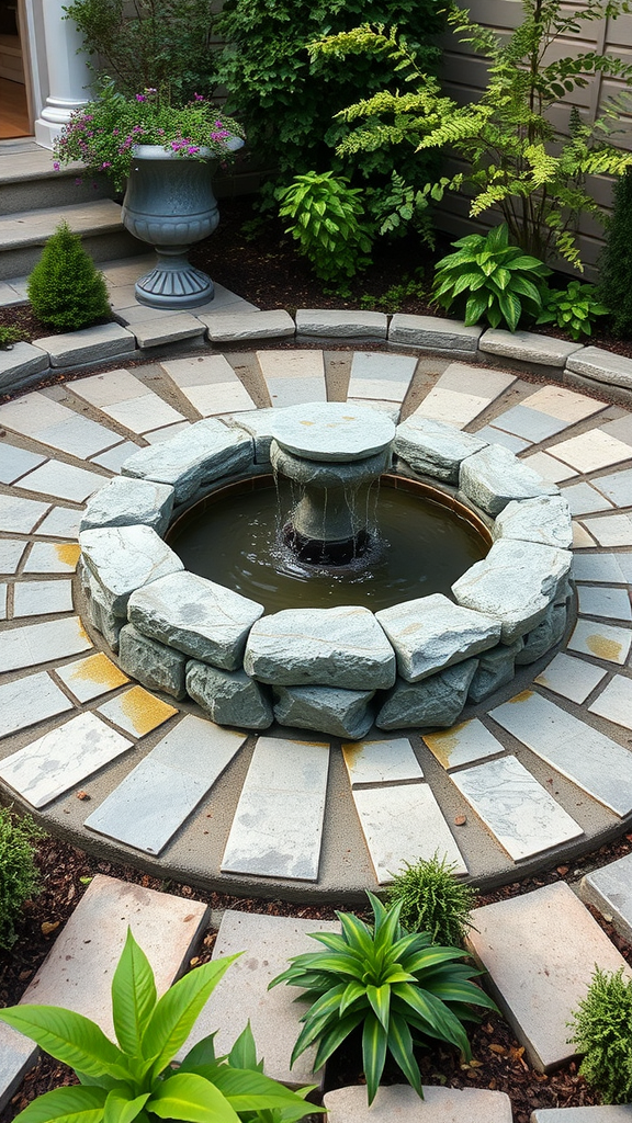 A circular flagstone patio featuring a fountain in the center, surrounded by lush greenery and plants.