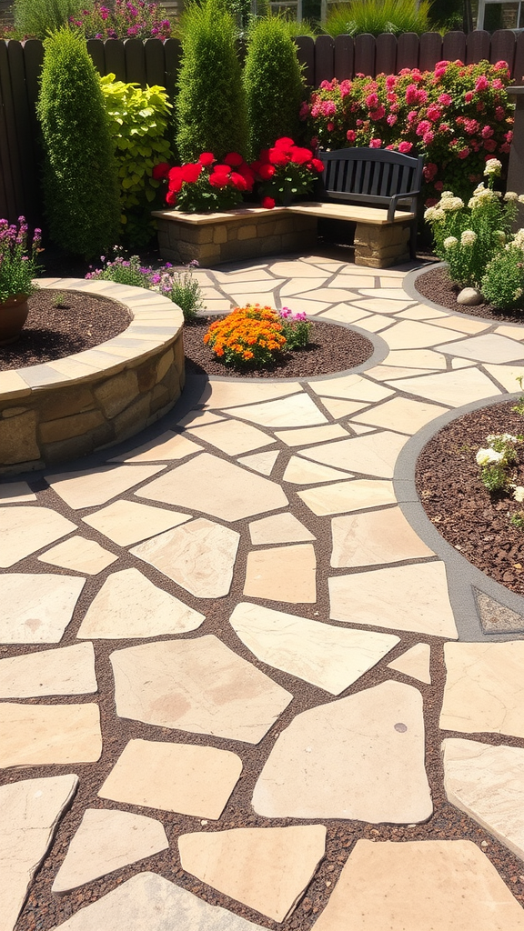 A flagstone patio with a garden path surrounded by colorful flowers and a cozy seating area.