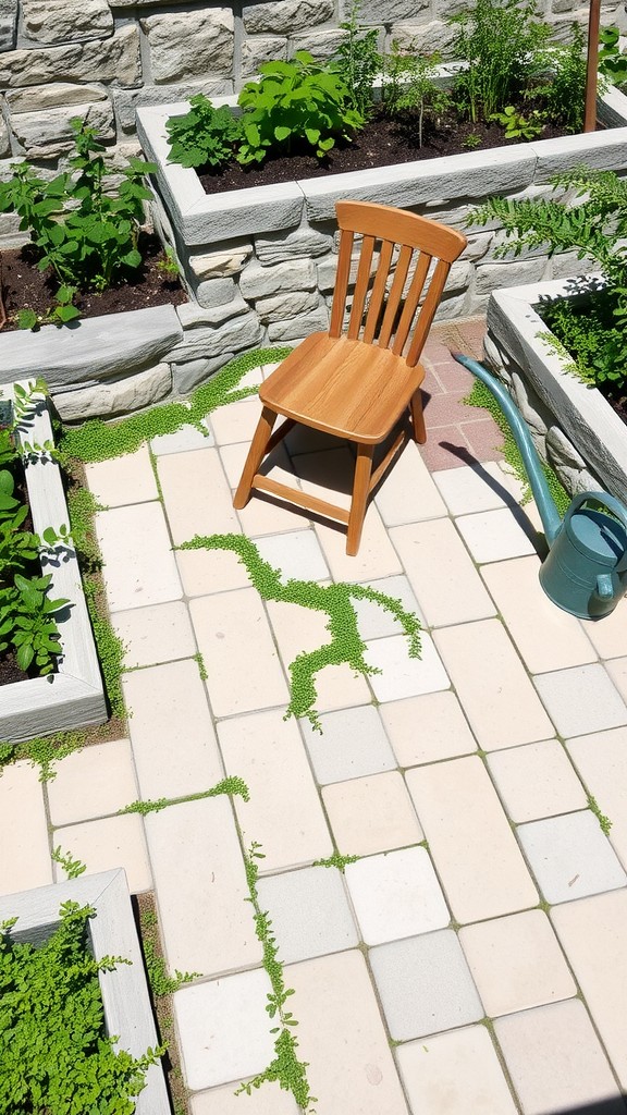 A flagstone patio with a wooden chair and surrounding herb garden in raised beds.