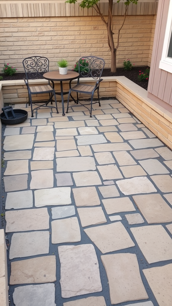 Cozy flagstone patio with low retaining wall and chairs