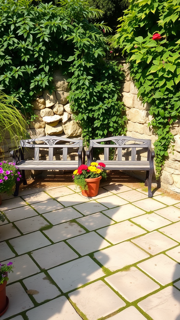 A cozy flagstone patio surrounded by lush greenery and colorful potted flowers.