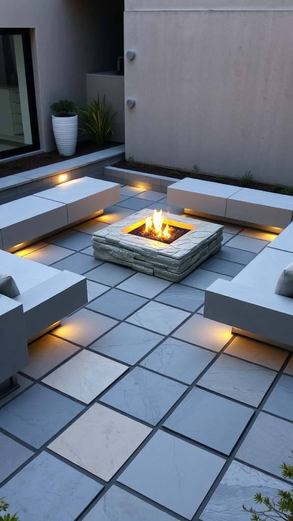 A modern flagstone patio featuring a fire pit surrounded by sleek seating and soft lighting.