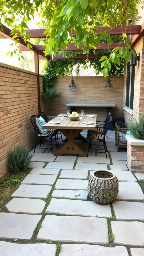 Cozy flagstone patio with an outdoor dining setup, featuring a wooden table surrounded by chairs and greenery above.