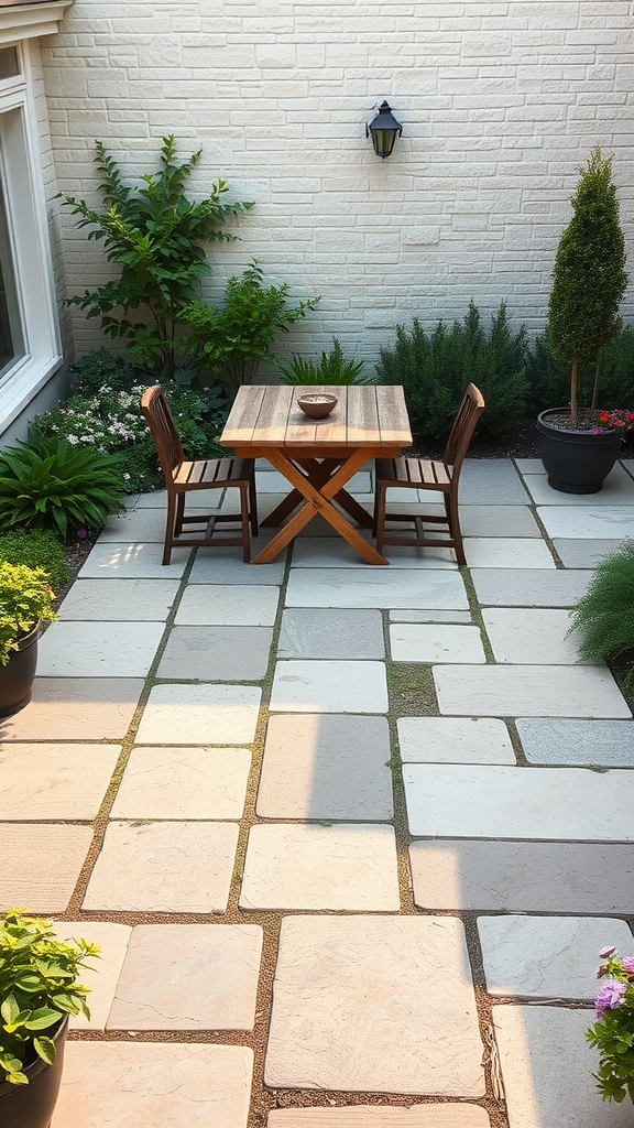 Small flagstone patio with a wooden dining table and two chairs surrounded by plants.