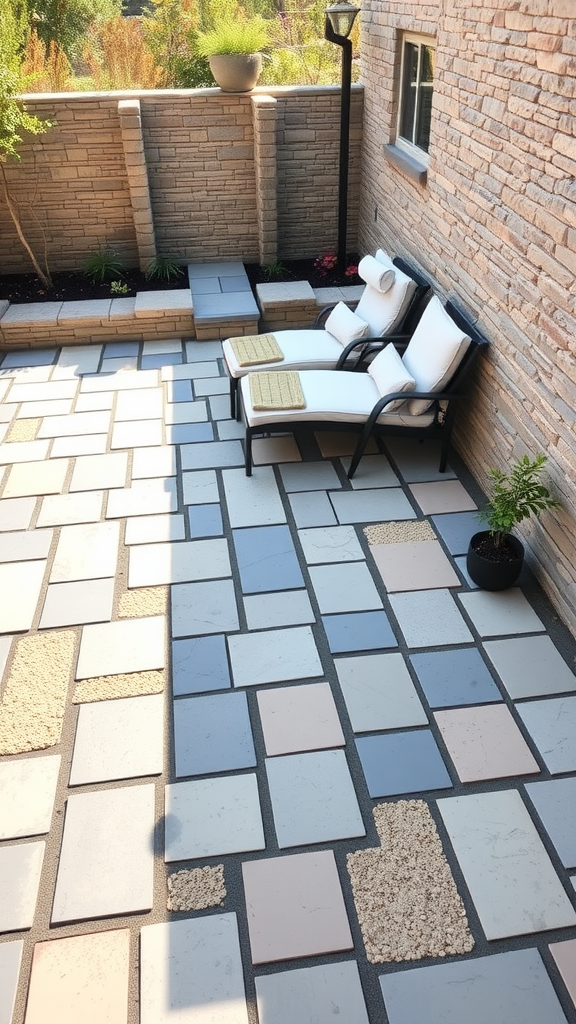 A flagstone patio with lounge chairs and plants in a cozy outdoor setting.