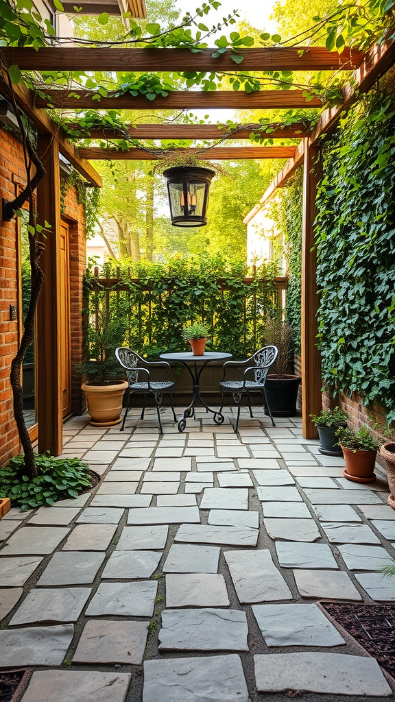 A small flagstone patio with an overhead trellis, featuring two chairs and a table, surrounded by greenery.