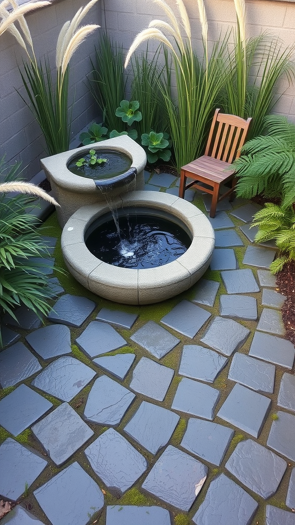 Flagstone patio featuring a rustic water basin surrounded by plants and a wooden chair.