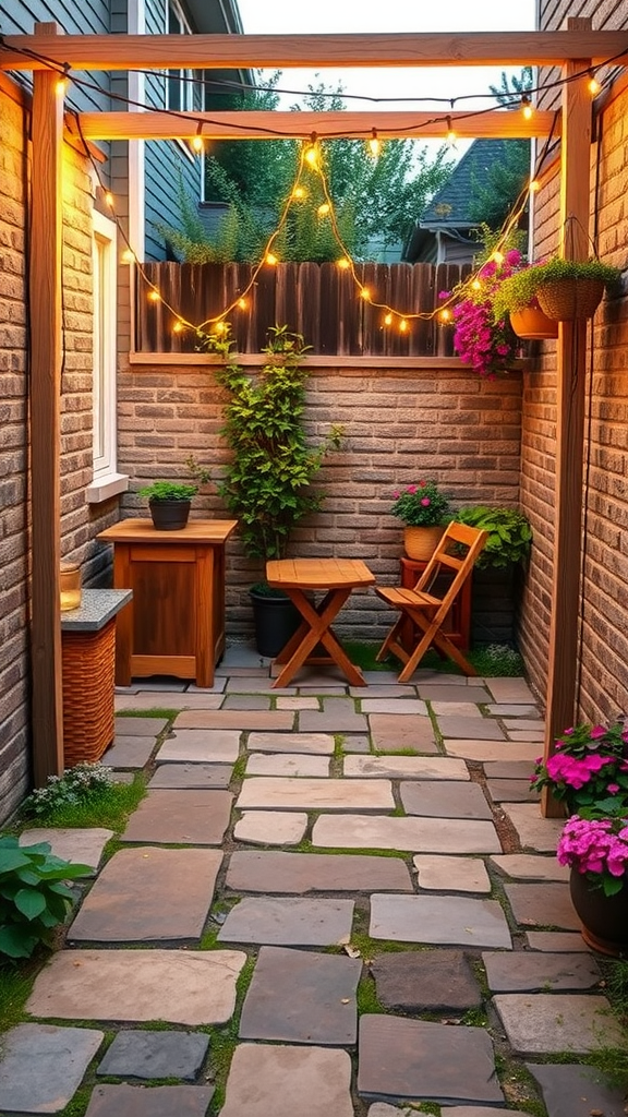 A small flagstone patio featuring string lights, plants, and a cozy seating area.